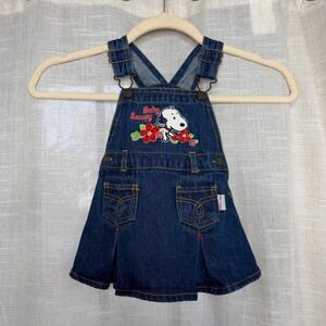 Vintage Baby Snoopy Denim Overall Dress Embroidered Floral Pleated 6/9 Months